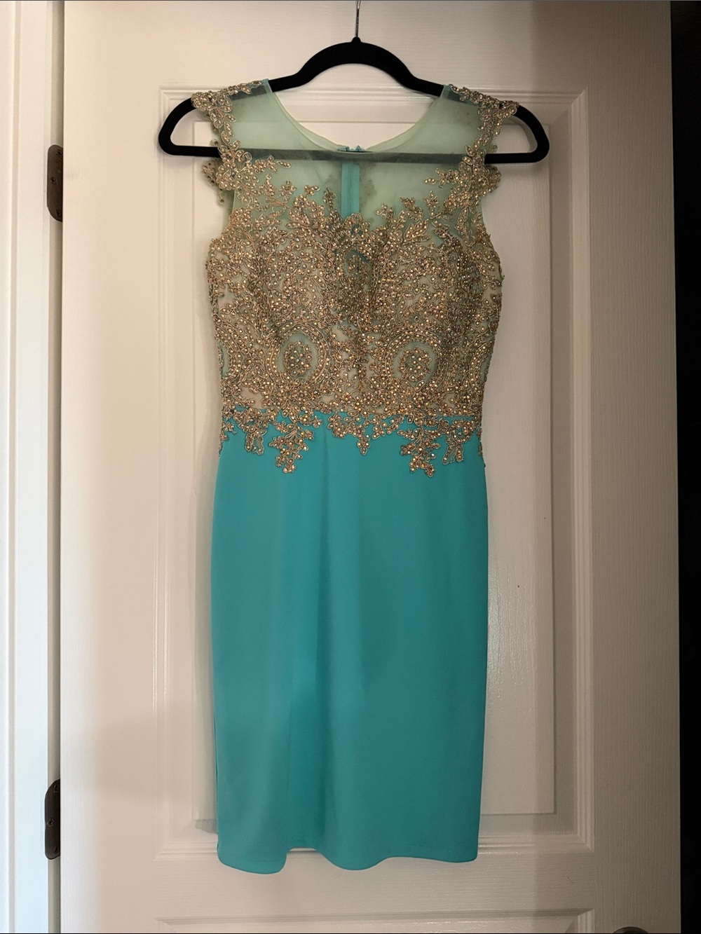 Embellished Aqua Sheath Dress with Gold Appliqué
